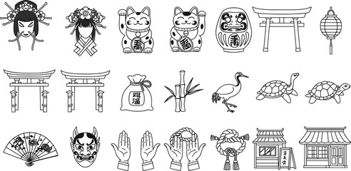 Japanese cultural icons, kabuki mask, maneki neko, daruma doll, torii gate, crane, turtle, lantern, bamboo, fan, architecture vector illustration