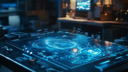 Futuristic desk displaying glowing holographic data interface - Powered by Adobe