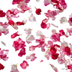 Scattered pink and red rose petals falling isolated on white background
