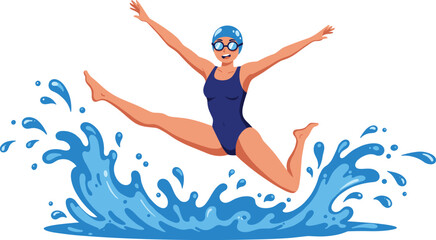 Joyful swimmer illustration, water splash vector artwork, sports character design, aquatic motion clipart, swimming athlete drawing, cad style graphic