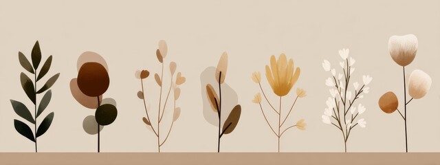 Minimalist Line Art of Organic Shapes Featuring Plants and Leaves in Earthy Tones for Home Decor