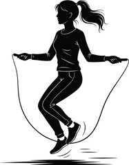 Jump rope silhouette, athletic woman exercising, fitness motion pose, black and white vector, cad drawing, flat vector illustration