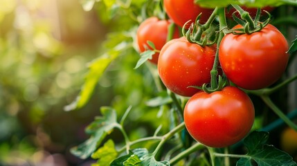 fresh, healthy and ripe red tomatoes hanging on bush plant