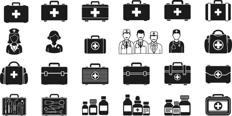 Medical icons set, healthcare vector illustration, doctor nurse symbols, first aid kit, medicine bottles, hospital tools, emergency equipment, flat design