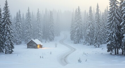 Winter cabin glows warmly in snowy forest landscape