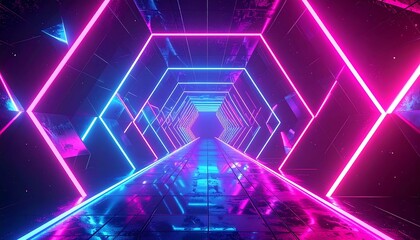 Glowing, neon hexagonal tunnel perspective with pink and blue light