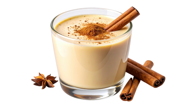 Creamy festive drink with cinnamon and star anise garnish.