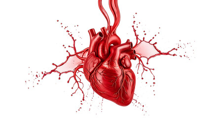 Dramatic splash of red liquid resembling blood around a human heart isolated on transparent background, symbolizing life, health, and the intensity of emotions in a visually striking and impactful man