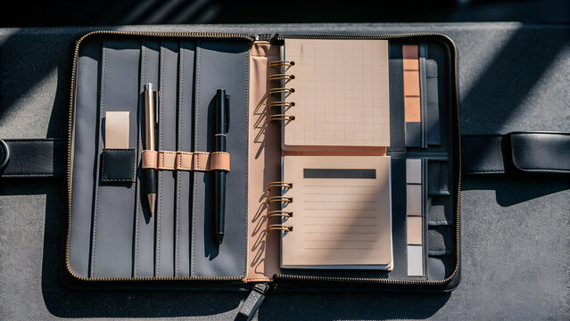 Stylish stationery organizer with notebook and pens on a desk  