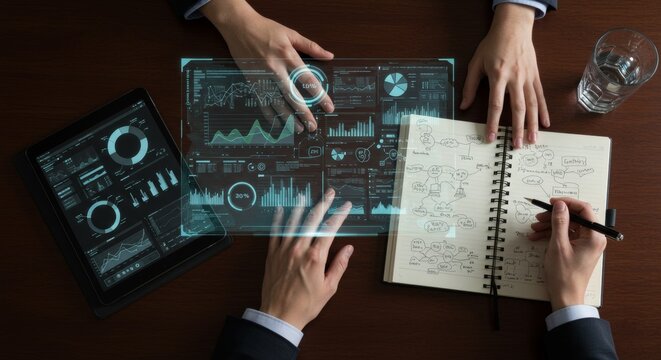 Business professionals analyze data in modern office