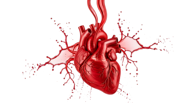 Dramatic splash of red liquid resembling blood around a human heart isolated on transparent background, symbolizing life, health, and the intensity of emotions in a visually striking and impactful man