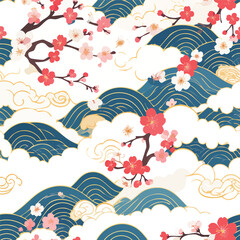 Seamless Japanese pattern with cherry blossoms, blue waves, and golden clouds on a white background.