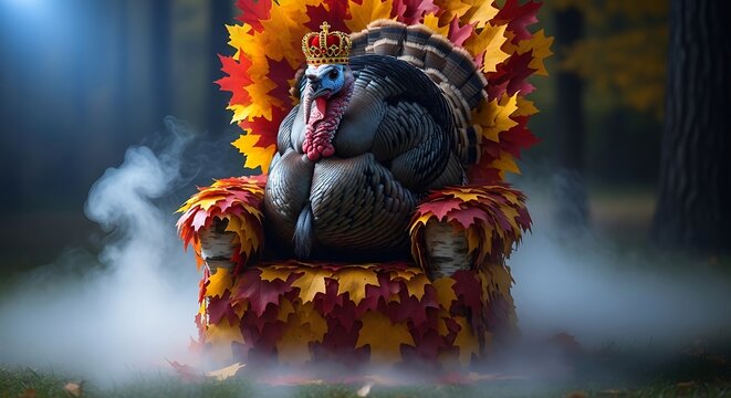 A turkey wearing a crown sitting on a throne decorated with autumn leaves in a foggy forest setting