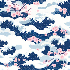 Japanese-inspired seamless pattern featuring traditional blue ocean waves and delicate pink cherry blossoms on branches, creating a serene and artistic design.