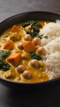 S&uuml;&szlig;kartoffel-Curry mit Kichererbsen und Spinat