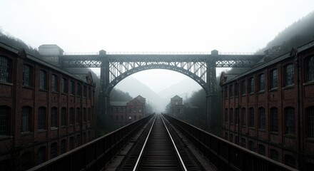 Fototapeta premium Railway tracks extend under bridge in misty valley