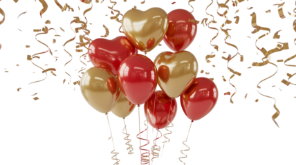 Festive red and gold heart and round balloons with shimmering confetti and streamers isolated on transparent background