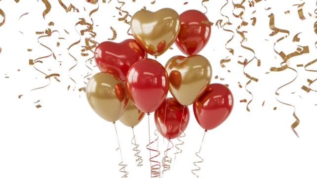 Festive red and gold heart and round balloons with shimmering confetti and streamers isolated on transparent background