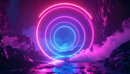 Glowing neon rings amidst jagged rocks, bathed in purple and blue light, reflecting in a water surface