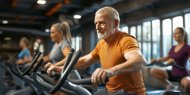 old aged happy senior couple doing sports in a gymnastics studio