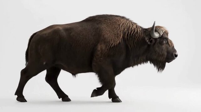A large buffalo walking slowly across a clean white seamless background while gently turning its head to the side. The buffalo&rsquo;s fur and muscles move naturally with each step, showing lifelike detail 