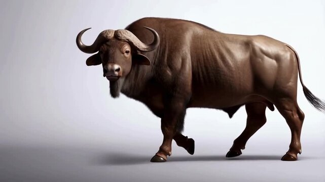 A large buffalo walking slowly across a clean white seamless background while gently turning its head to the side. The buffalo&rsquo;s fur and muscles move naturally with each step, showing lifelike detail 