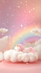 Wandcirkels Eenhoorn Cute unicorn sleeping on cloud with rainbow background pastel colors whimsical style fairytale dreamlike scene  © Aether Pixels