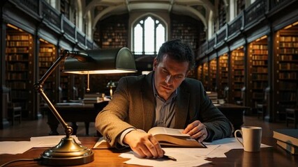 Man Engaged in Deep Study within a Grand Library Setting.