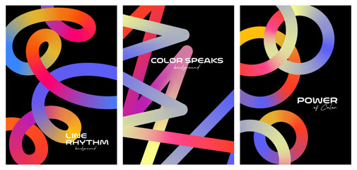 Set of gradient background with 3D color lines forming dynamic waves and ribbons for modern posters and prints.