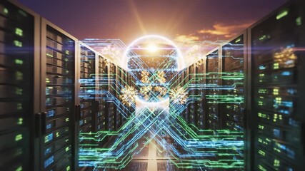 A futuristic data center features numerous servers lined up, glowing with blue and green lights as the sun sets in the background. The neon circuitry patterns enhance the technolog - Powered by Adobe