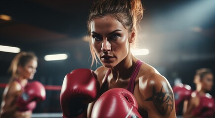 Focused Boxer: A determined female boxer stands poised in the boxing ring, clad in protective gloves, with a fierce gaze fixed on the viewer, embodying strength and determination.