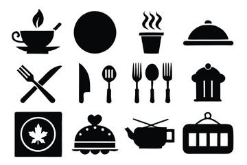 Food icons set, plate, fork, knife and spoon, set logotype menu, cutlery icon, tableware sign, catering icons, restaurant signs