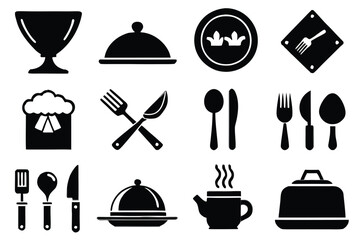 Food icons set, plate, fork, knife and spoon, set logotype menu, cutlery icon, tableware sign, catering icons, restaurant signs