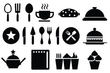 Food icons set, plate, fork, knife and spoon, set logotype menu, cutlery icon, tableware sign, catering icons, restaurant signs