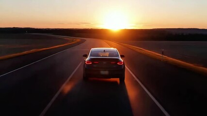 Car journey at sunset, showcasing the drivers perspective, transitioning to an exterior view of the vehicle on a winding road, capturing the serene atmosphere and motion flow