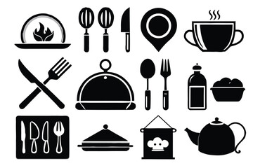 Food icons set, plate, fork, knife and spoon, set logotype menu, cutlery icon, tableware sign, catering icons, restaurant signs