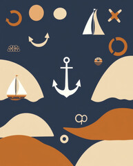Artistic representation of maritime elements combining sea motifs and abstract shapes in a warm color palette
