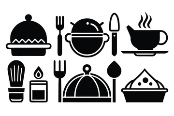 Food icons set, plate, fork, knife and spoon, set logotype menu, cutlery icon, tableware sign, catering icons, restaurant signs