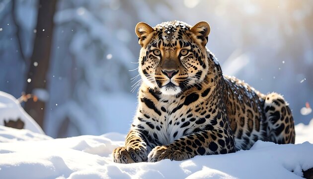 Leopard rests elegantly on a snow-covered landscape, basking in the soft, winter sunlight