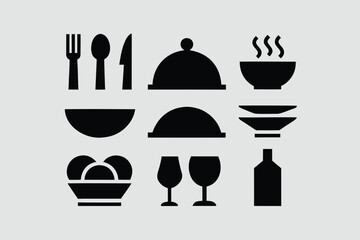 Food icons set, plate, fork, knife and spoon, set logotype menu, cutlery icon, tableware sign, catering icons, restaurant signs