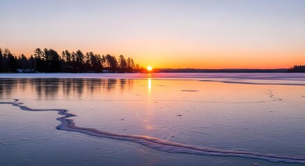 Portrait of a sunset in a landscape on a frozen lake.