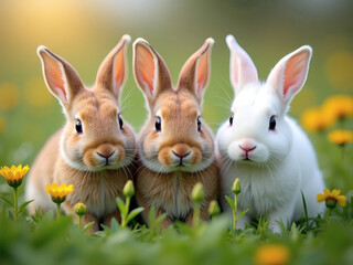 Three adorable rabbits sit together in a green meadow surrounded by yellow flowers on a sunny day in springtime