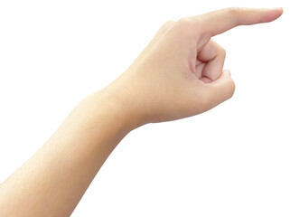 Woman hand point forward with index finger on transparent background as if touch. The gesture shows interaction, choice, select, press, click