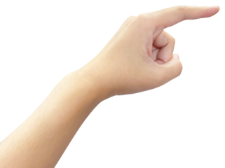 Woman hand point forward with index finger on transparent background as if touch. The gesture shows interaction, choice, select, press, click