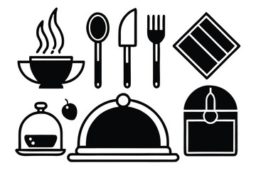 Food icons set, plate, fork, knife and spoon, set logotype menu, cutlery icon, tableware sign, catering icons, restaurant signs