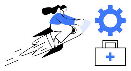 Woman flying on rocket toward gear and medical case icons symbolizes progress, innovation, healthcare, achievement, teamwork, productivity, career growth. Ideal for technology, medicine leadership