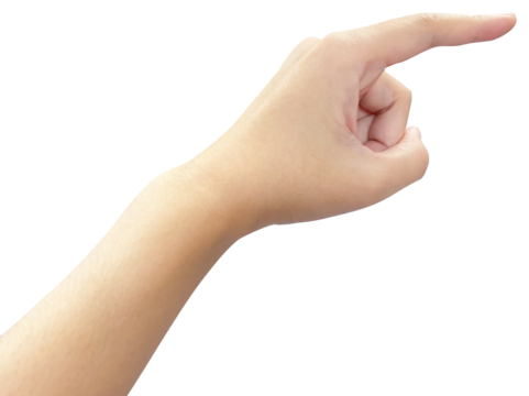 Woman hand point forward with index finger on transparent background as if touch. The gesture shows interaction, choice, select, press, click