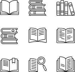 A collection of nine book icons in outline style depicting various book arrangements