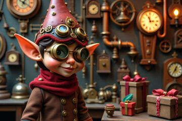 Mysterious elf in a steampunk workshop surrounded by clocks and gifts ready for an adventure in a whimsical setting