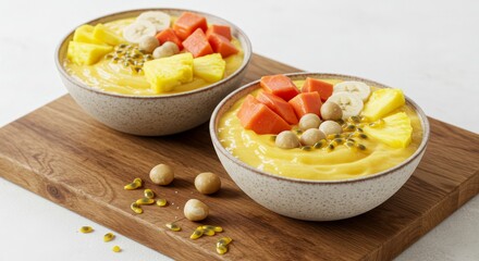 Smoothie bowls display freshness on wooden board